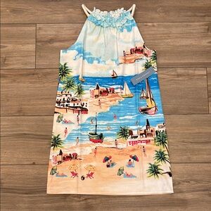 London Times Beach Scene Dress - Blue and Tan